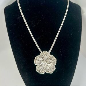 LOIS HILL Sterling Silver Big Flower Filigree Scroll Pansy Pendant Necklace 36g